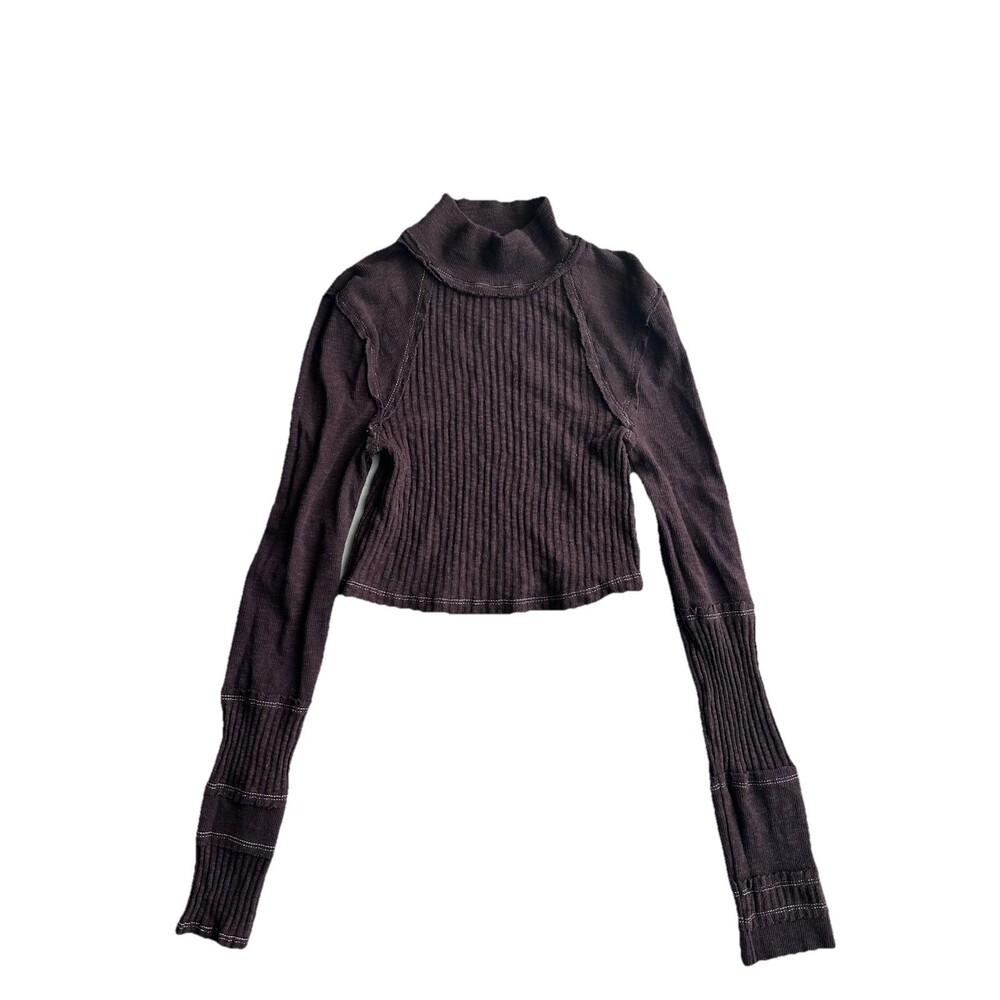 Urban Outfitters BDG Messi Seamed Mock Neck Crop Top Womens M Brown Long Sleeve